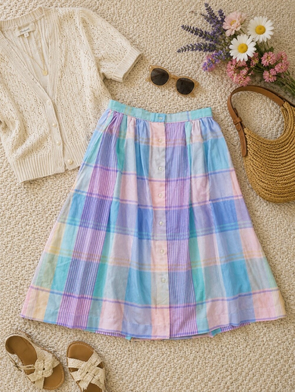 Vintage Cheryl Tiegs Pastel Plaid Skirt Button Front Cottagecore Preppy Size M